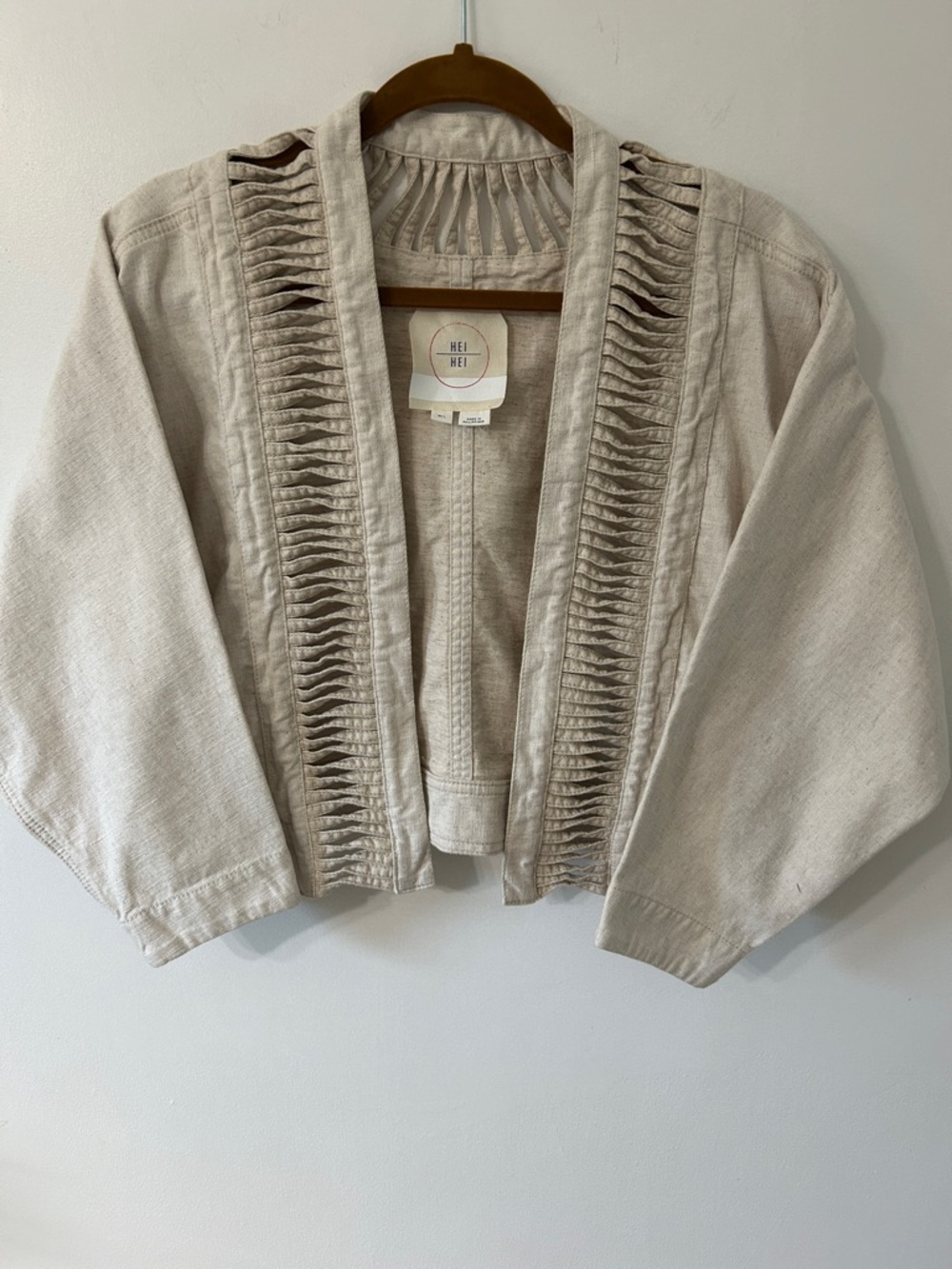 HeiHei Anthropologie Jacket M/L Open-Front Wide Sleeve Cropped Ladder Linen